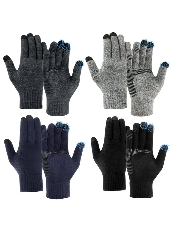 4 Pairs Winter Gloves for Men, Touch Screen Knitted Gloves, Warm Thin Non-slip Glove for Men Women Driving Running Gift