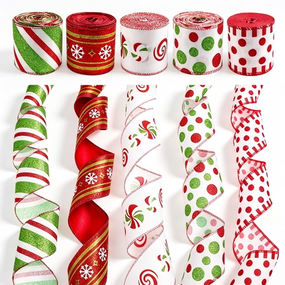 Amaopus 5 Rolls Wired Christmas Ribbons 2.5 Inch x 25 Yards, Red and Lime Green Tree Burlap Ribbon, Glitter Holiday Sparkly Ribbon Assortment for Christmas Tree, Wreath, Wrapping, Bow Decorations