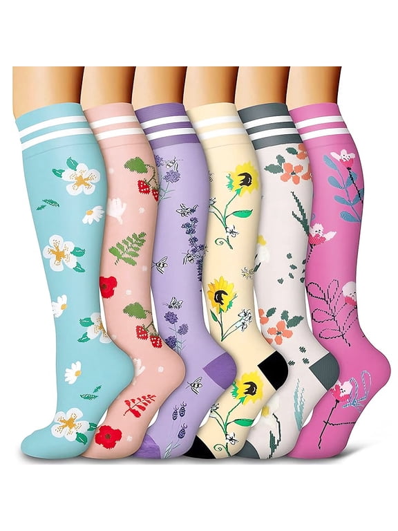 6 Pairs Compression Socks for Men & Women, Breathable Support Socks for Running, Athletic, Travel, Work & Everyday Comfort (S/M)