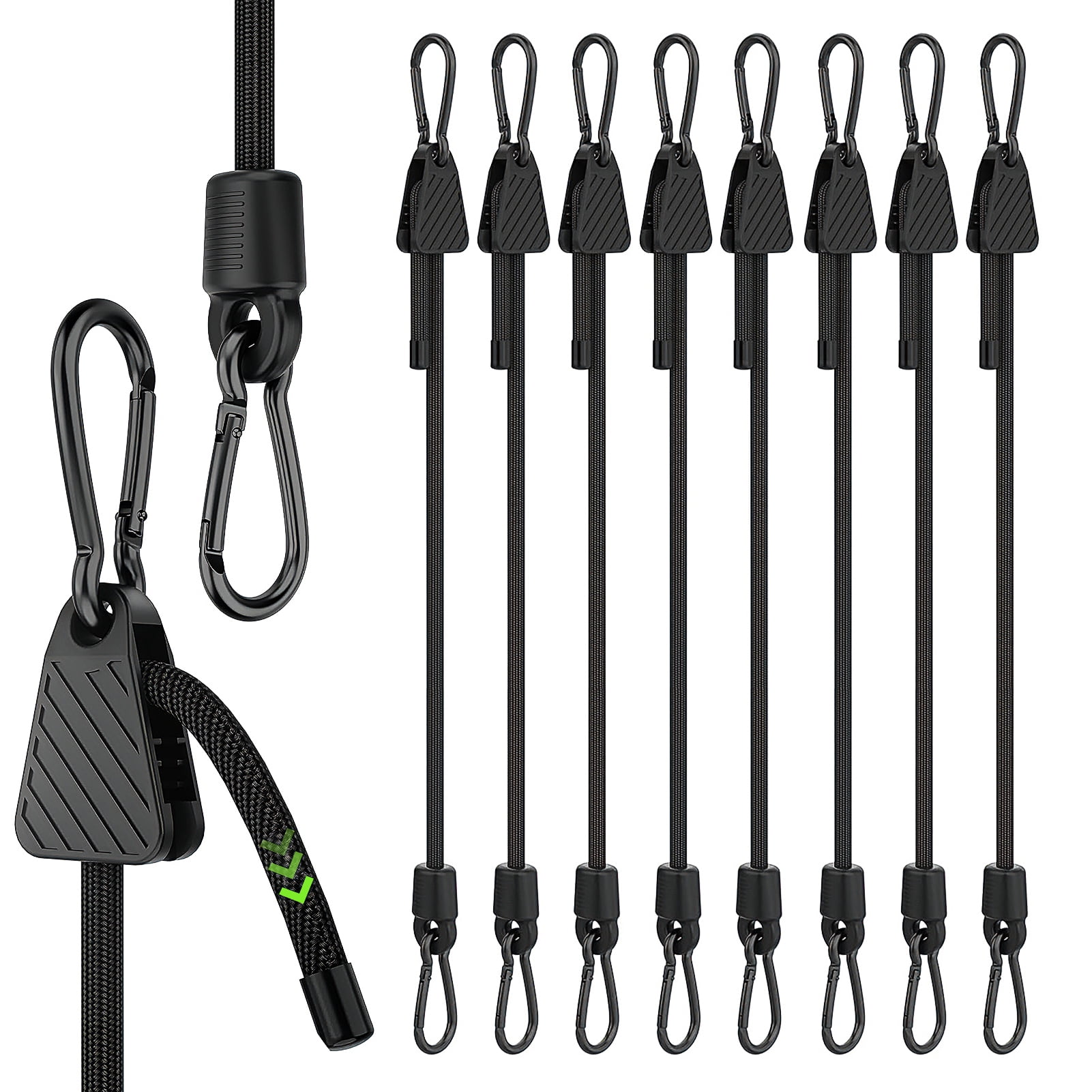 Amaopus 8 Pcs Adjustable Bungee Cords with Hooks, Heavy Duty Outdoor Carabiner Bungee Cord, Black Super Elastic Bungee Straps Easily Adjust from 7" to 48", Great for Cargo, Camping, Bike Racks, Tents