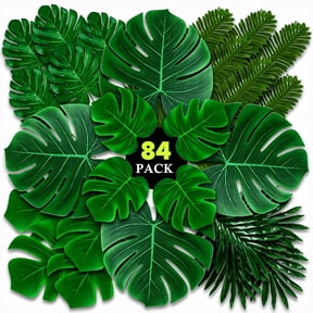 Amaopus 84 Pcs Artificial Palm Leaves, 6 Kinds Large Small Green Fake Palm Leaf with Stems for Safari Jungle Hawaiian Luau Party Table Decoration Wedding Birthday Theme Party