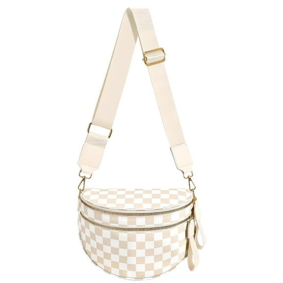 Amaopus Checkered Crossbody Bag for Women, Nylon Fanny Pack with Adjustable Strap | Spacious Zipper Pockets, Lightweight Water-Resistant Bum Bag Purse & Belt Bag Wallet ( Beige Checkered)