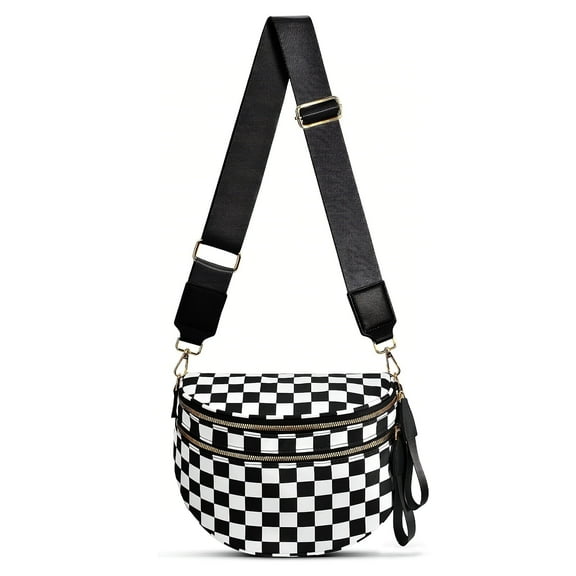 Amaopus Checkered Crossbody Bag for Women, Nylon Fanny Pack with Adjustable Strap | Spacious Zipper Pockets, Lightweight Water-Resistant Bum Bag Purse & Belt Bag Wallet (Black and White Checkered)