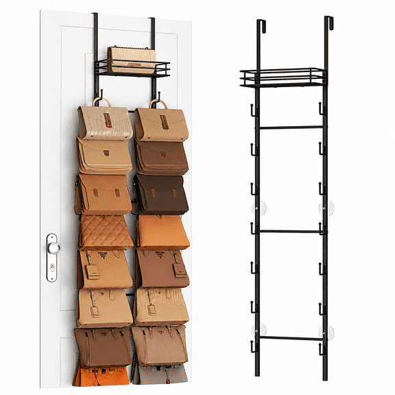 Amaopus Over The Door Purse Organizer, Hanging Handbag Storage Rack with 16 Hooks and Metal Basket, Space Saving Wall Mounted Purse Holder for Door, Closet, Holds up to 16 Bags