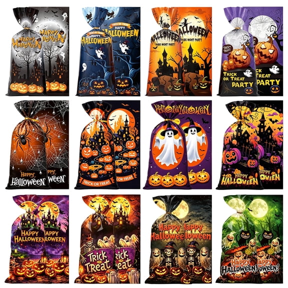 Amaopus 150 Pcs Halloween Cellophane Treat Bags - Halloween Trick or Treat Candy Gags with Twist Tie, Plastic Cookie Goodies Bag with Pumpkin, Ghost, Spider, Halloween Party Favors Supplies, 12 Style