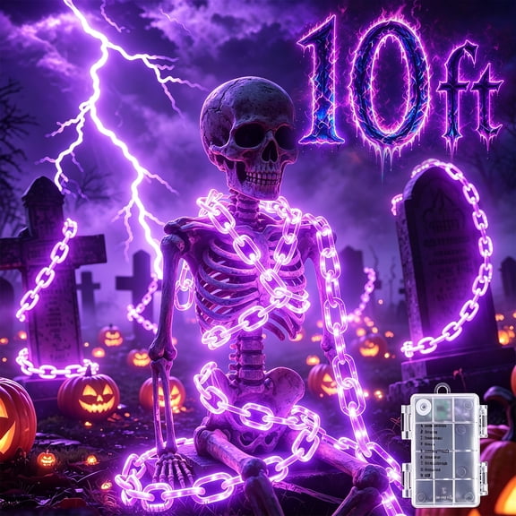 Amaopus 10 FT Halloween Decorations Plastic Chain Lights - 160 LED Waterproof String Light with 8 Modes & Timer - Battery Operated Lighted Prop Chains for Haunted House, Yard Skeleton, Dog, Party