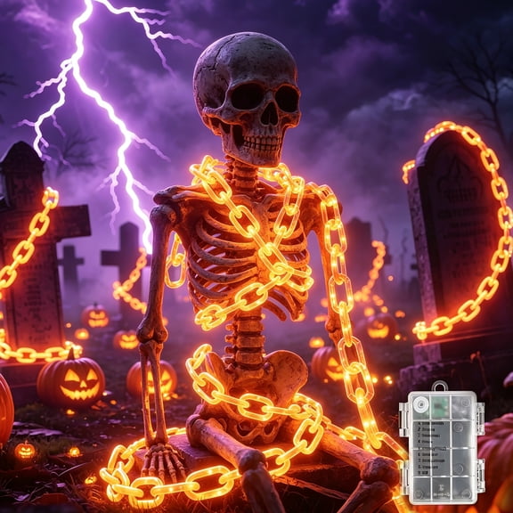 Amaopus 10 FT Halloween Decorations Plastic Chain Lights - 160 LED Waterproof String Light with 8 Modes & Timer - Battery Operated Lighted Prop Chains for Haunted House, Yard Skeleton, Dog, Party