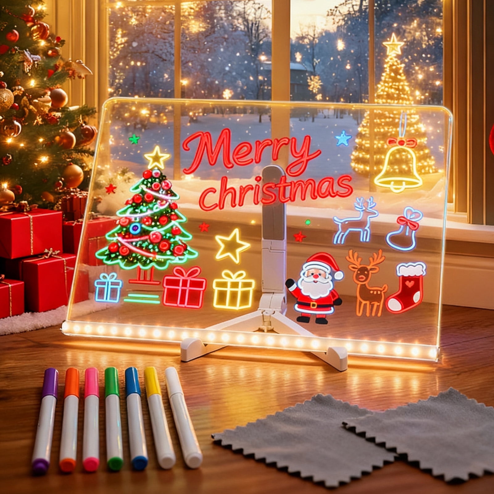 Amaopus LED Note Board with Colors, 13.7x10 inch Light Up Acrylic Message & Drawing Board | 4 Modes & 7 Colors Dry Erase Board with Stand & Hanging Chain | 7 Markers & Spray Bottle