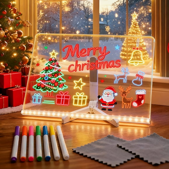 Amaopus LED Note Board with Colors, 13.7x10 inch Light Up Acrylic Message & Drawing Board | 4 Modes & 7 Colors Dry Erase Board with Stand & Hanging Chain | 7 Markers & Spray Bottle