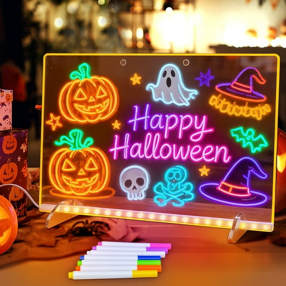 Amaopus LED Note Board with Colors, 13.7x10 inch Light Up Acrylic Message & Drawing Board | 4 Modes & 7 Colors Dry Erase Board with Stand & Hanging Chain | 7 Markers & Spray Bottle