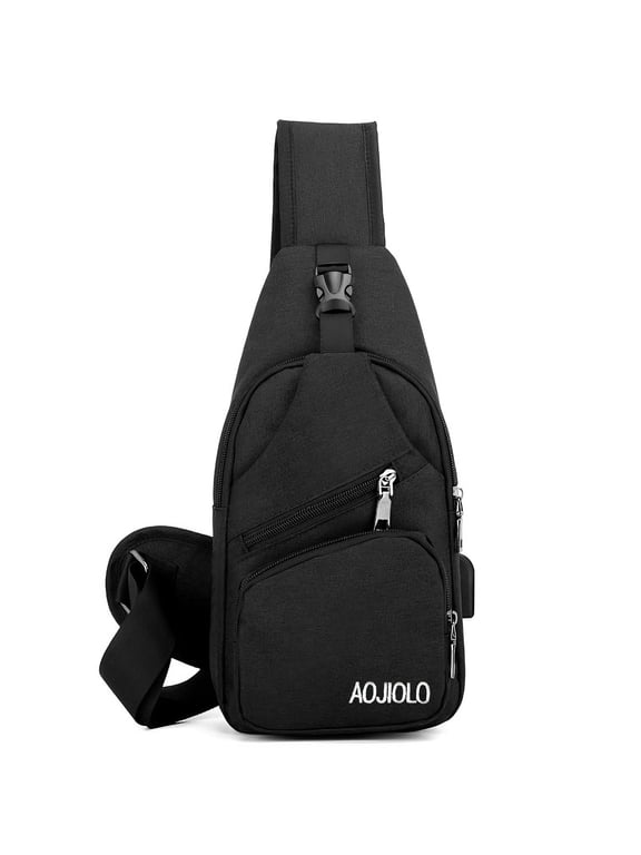 Crossbody Sling Bag for Men Women, 13" Crossbody Backpack with USB Charg Port | Lightweight Chest Shoulder Bag for Travel, Hiking, Running | Multi-Compartment Sport Daypack with Pocket, Black