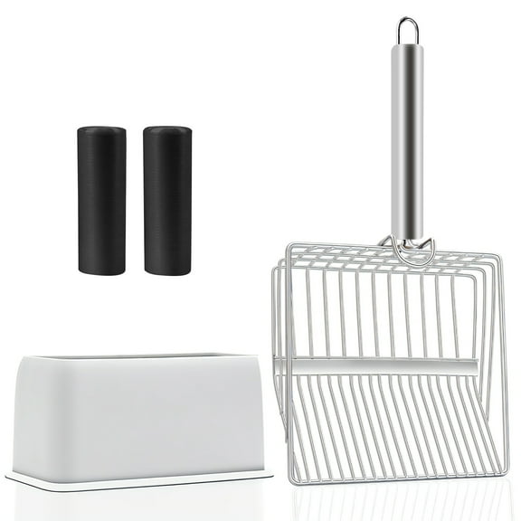 Amaopus Metal Cat Litter Scoop with Holder, Poop Scooper with Stand & 2 Rolls of Garbage Bag, Heavy Duty Stainless Steel Shovel, Kitty Quick Sifter for Easy Cleaning, Essential Item for Cat