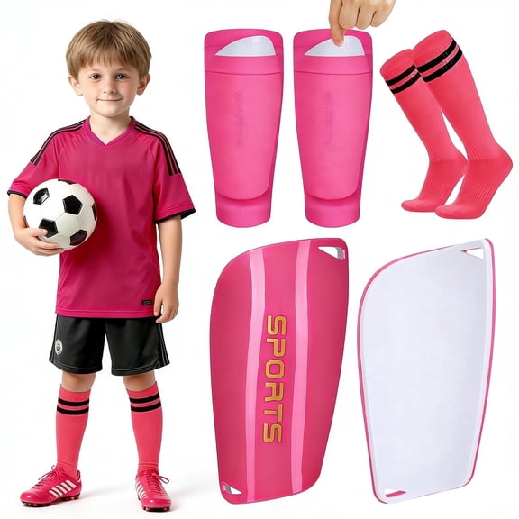 Amaopus Soccer Shin Guards for Kids Youth, 3-in-1 Toddler Shin Pads Set with Sleeves and Long Soccer Socks for Age 3-5 Boys & Girls, Protective Lightweight Soccer Equipment for Playing Training, Pink