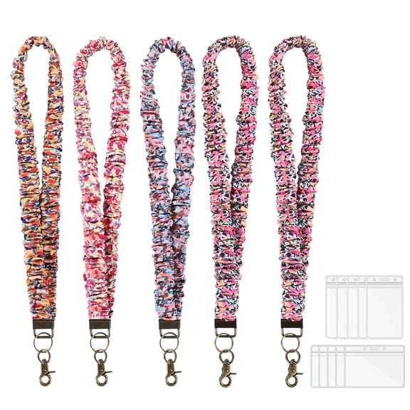 Amaopus Scrunchie Lanyard for ID Badges, Cute Neck Stretchy Key Lanyard, 5 Pcs Retractable Long Lanyard Keychain Holders with 10 Acrylic Badge Holders for Teacher, Nurse, Office