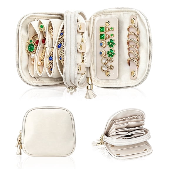Amaopus Travel Jewelry Bag, Double-Layer Portable Zippered Jewelry Organizer for Travel, Multi-Compartment Design for Rings, Earrings, Necklaces and Bracelets, Cream White