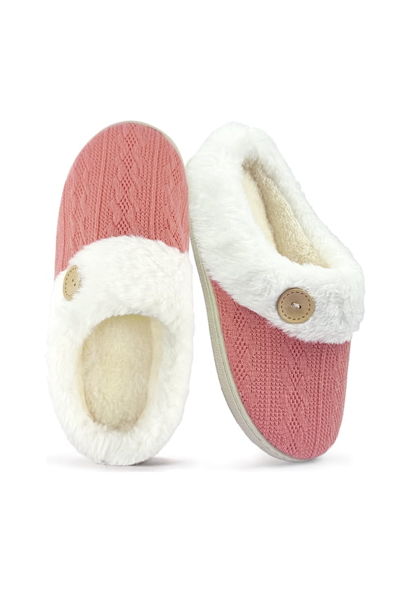 Warm Knit House Slippers for Women, Memory Foam House Slippers Knitted Shoes, Faux Fur Lined Anti-Skid Rubber Sole, Cozy Indoor Outdoor Slippers