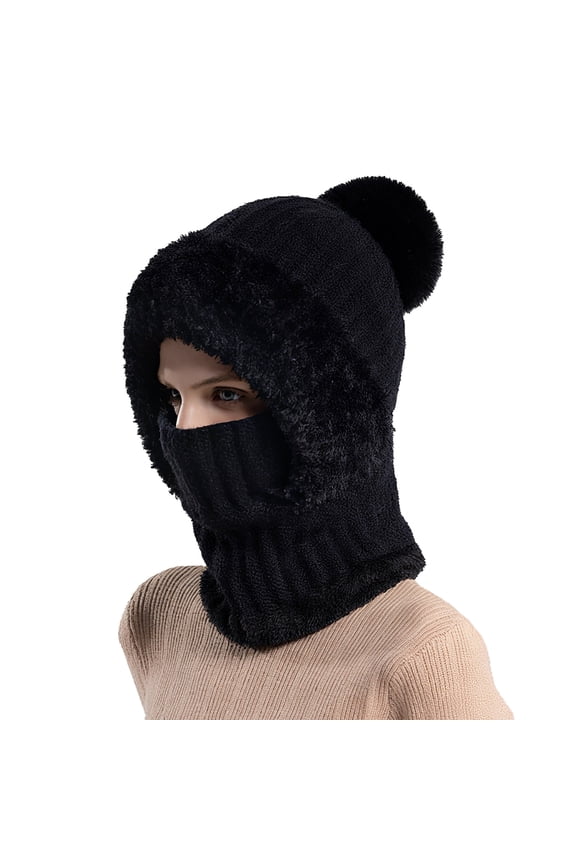 Womens Knit Beanie Hat, Fleece Lined Winter Scarf Mask Set, Snow Caps Plush Earmuff Skull Hats with Pompom(Black)