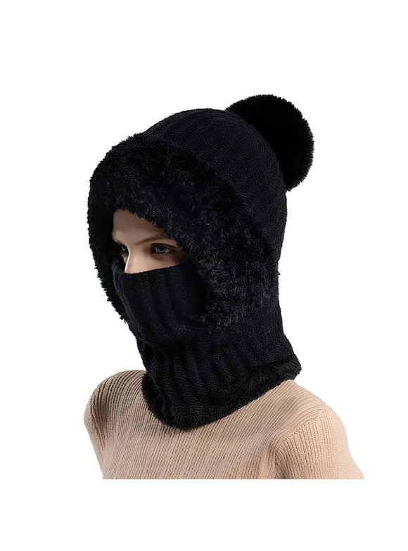 Womens Knit Beanie Hat, Fleece Lined Winter Scarf Mask Set, Snow Caps Plush Earmuff Skull Hats with Pompom(Black)