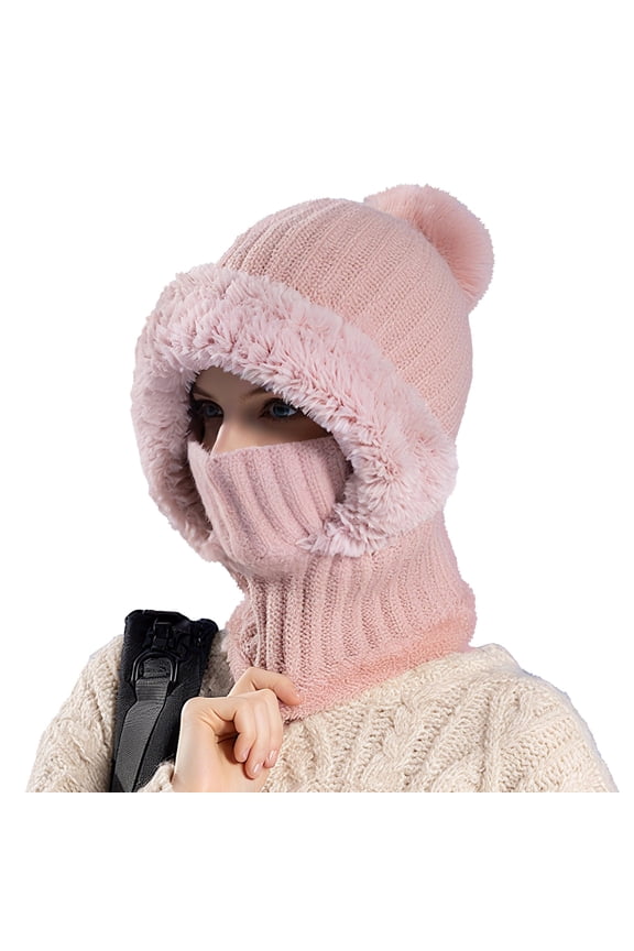 Womens Knit Beanie Hat, Fleece Lined Winter Scarf Mask Set, Snow Caps Plush Earmuff Skull Hats with Pompom(Pink)