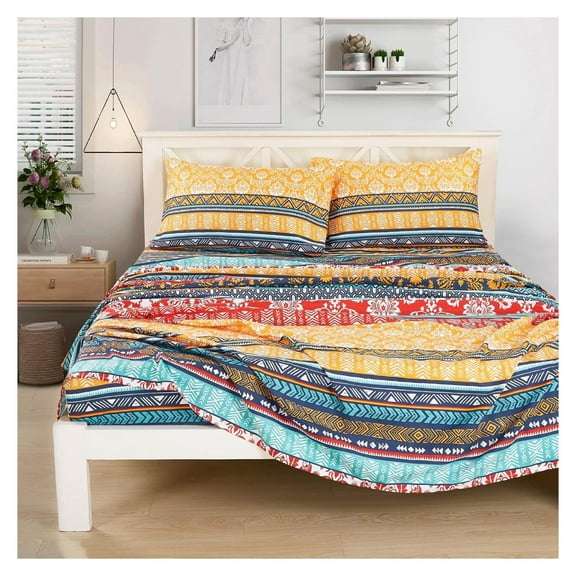 Amara 4-Piece Boho Stripe Bed Sheet Set - Floral Colorful Bohemian Printed Brushed Microfiber Wrinkle Resistant & Fade Resistant 14-Inches Deep Pocket Sheets & Pillowcases, Full