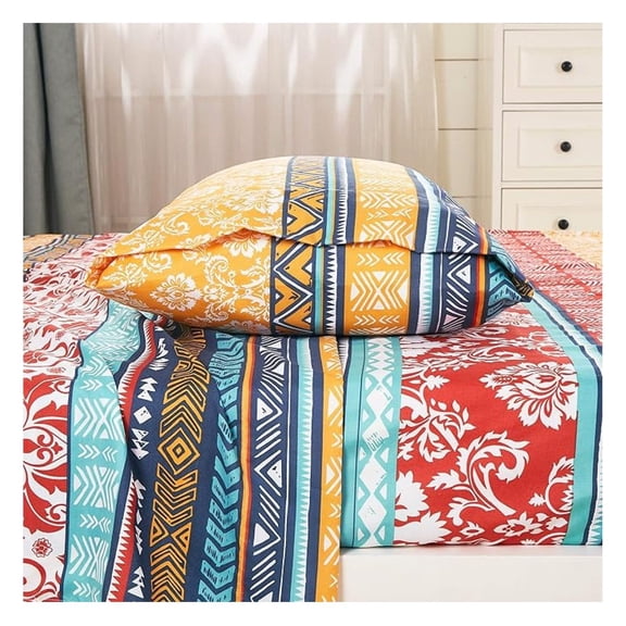 Amara 4-Piece Boho Stripe Bed Sheet Set - Floral Colorful Bohemian Printed Brushed Microfiber Wrinkle Resistant & Fade Resistant 14-Inches Deep Pocket Sheets & Pillowcases, Full
