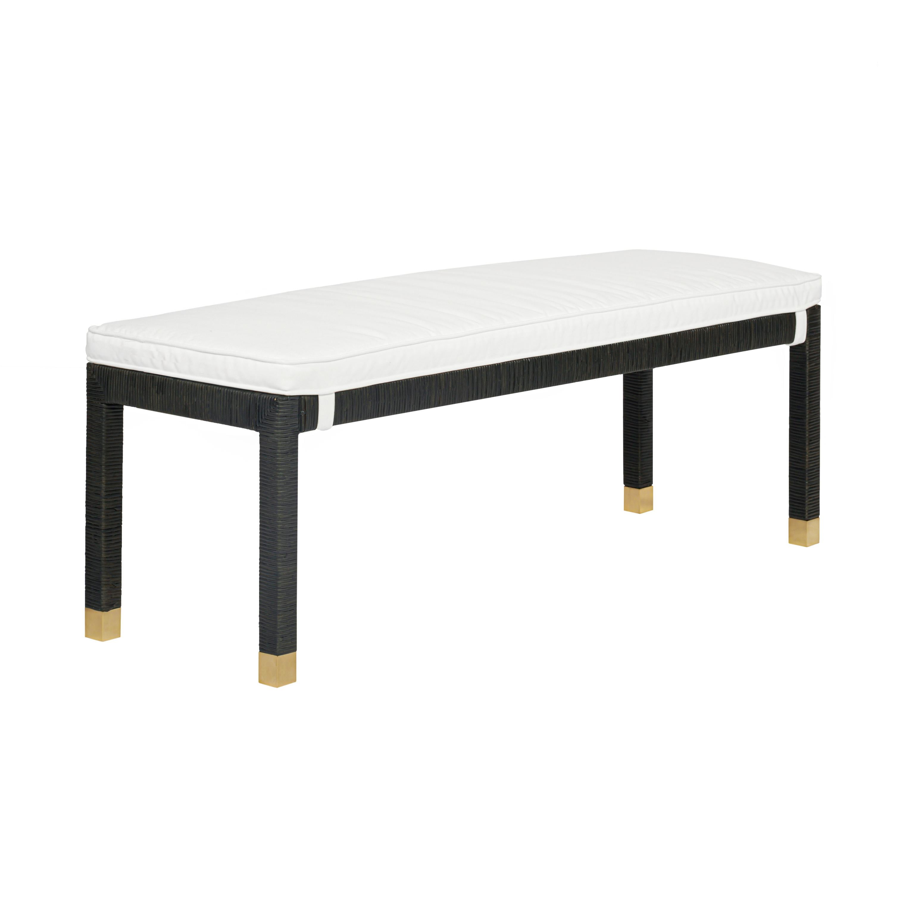 Amara Charcoal Woven Rattan Bench with White Cushion