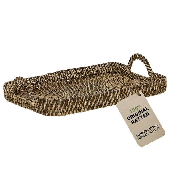 Wicker Village Handmade Large Serving Tray 19", Rectangular Basket with Handles, Natural Rattan