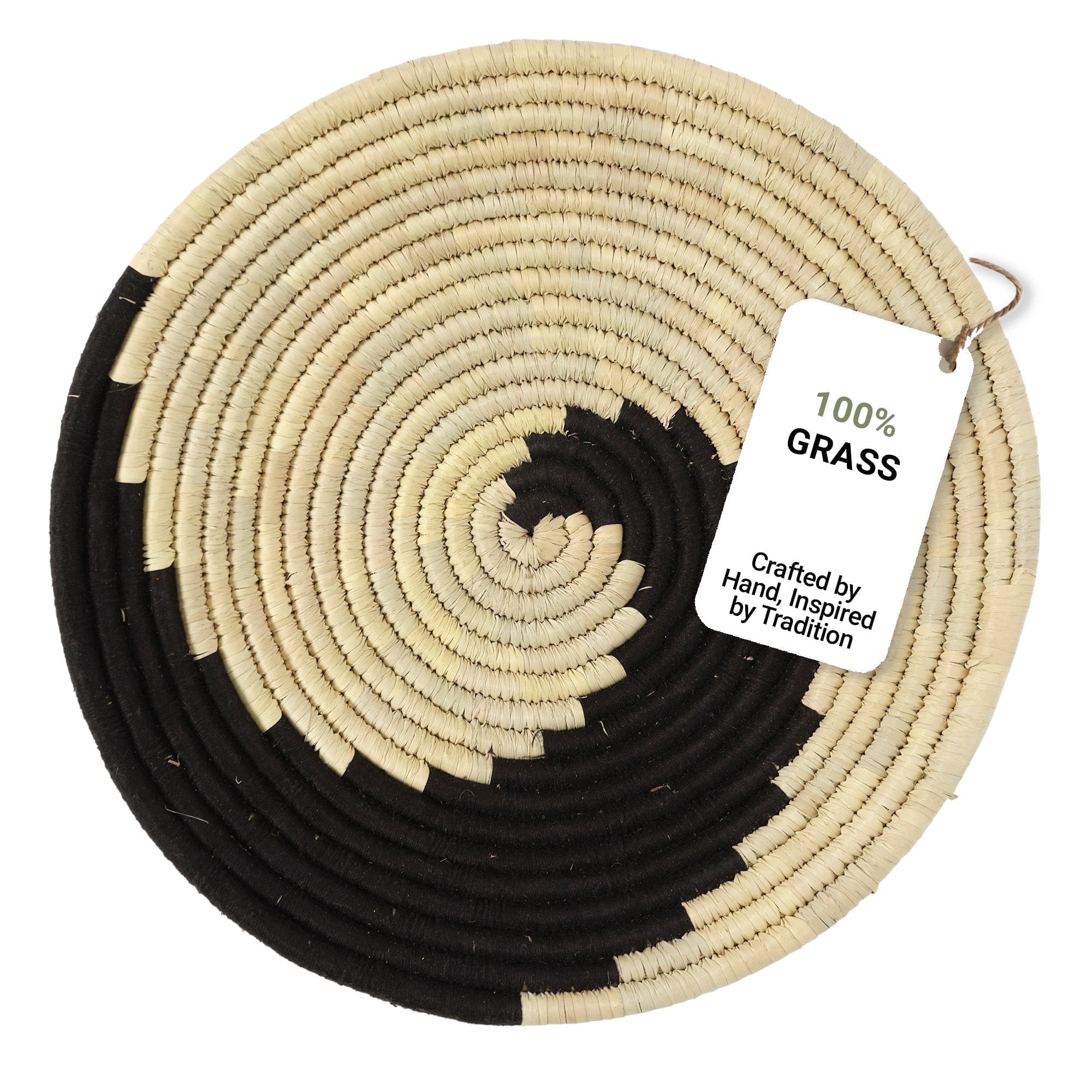 Amara Handmade Natural Grass Round Wall Basket, 12" Large Black & Beige Woven Basket Décor