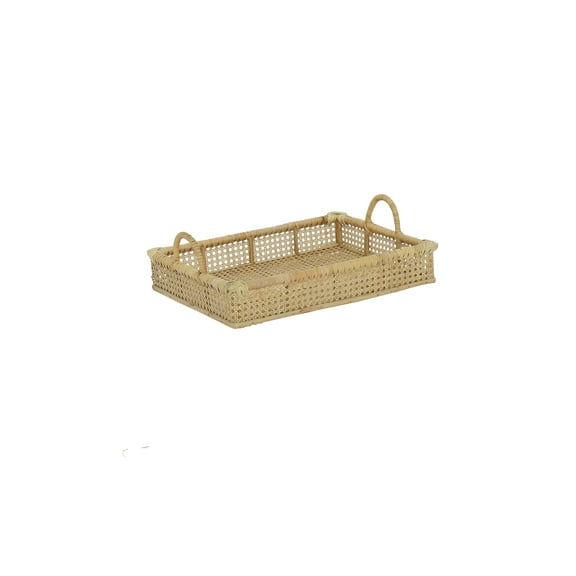 Wicker Village Handmade Rectangle Woven Cane Tray, Small 16" Natural Rattan Basket with Handles