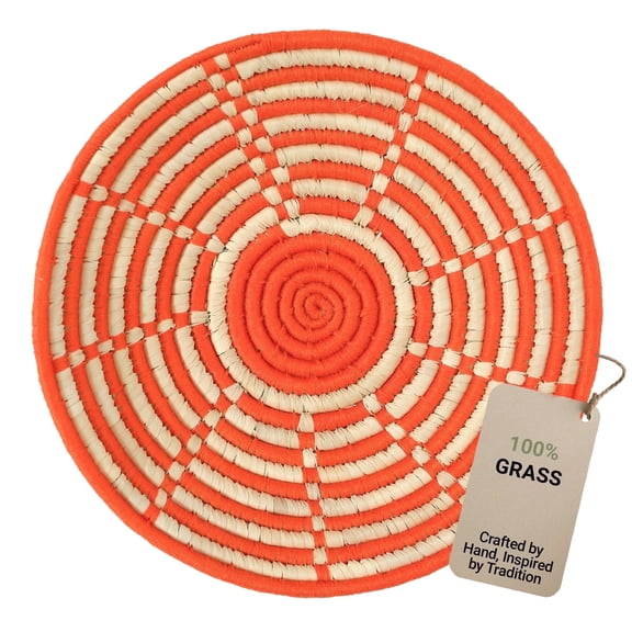 Wicker Village Handwoven Large 12" Orange Wall Basket, Round Natural Grass Storage Basket