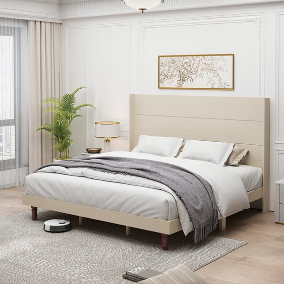 Amara Minimalist King Size Platform Bed Frame with 54"H Headboard, No Box Spring Needed, Beige