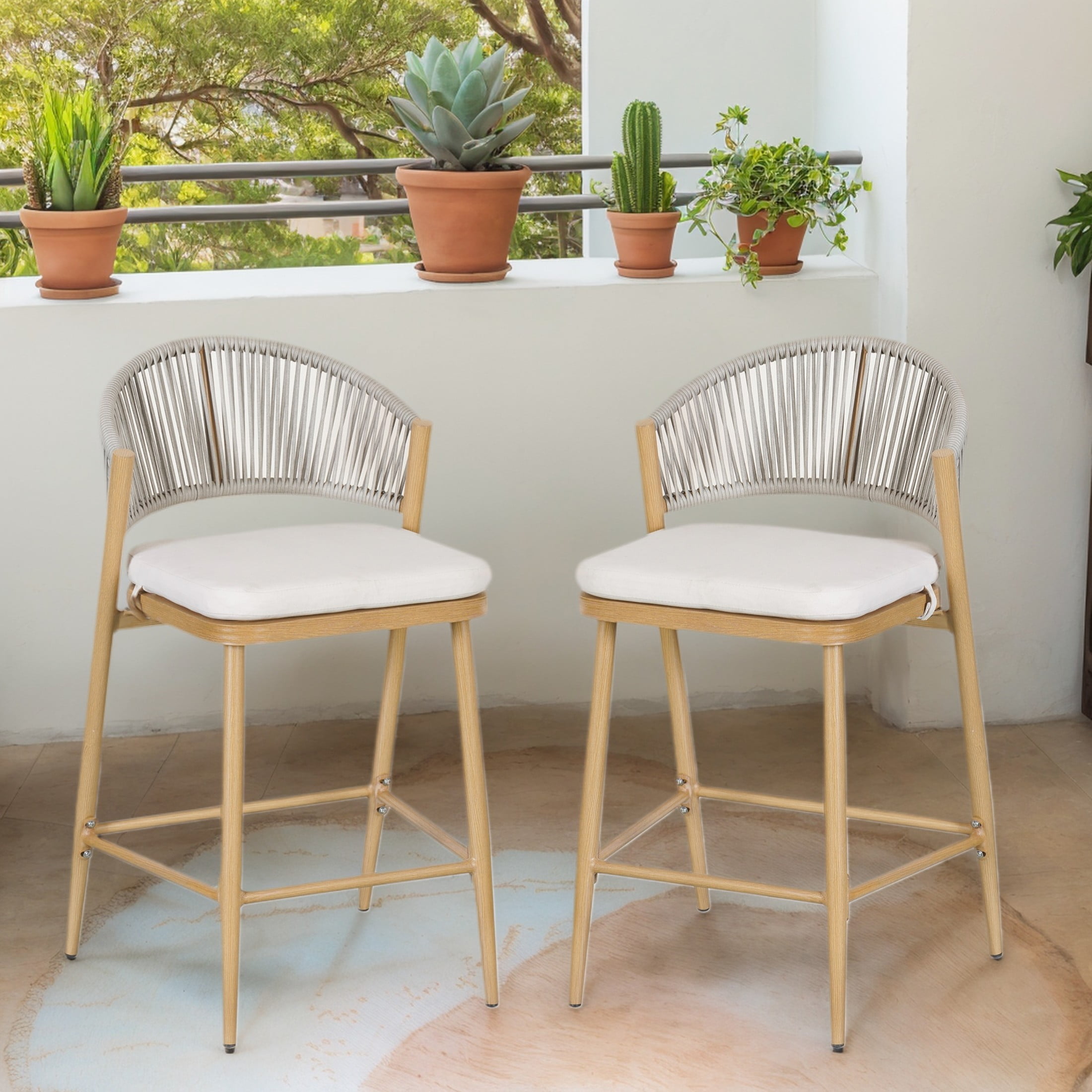 Maple Finish Aluminum and Rattan Outdoor Counter Stools with Cushions, Set of 2