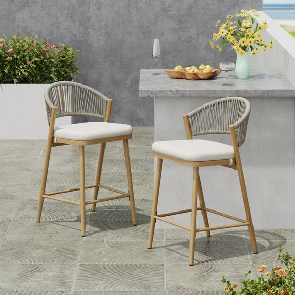 Amara Modern Outdoor Patio 26"H Counter Stools with Wicker Backrest, Aluminum Frame, Water-Resistant Cushion, Maple Finish, Set of 2