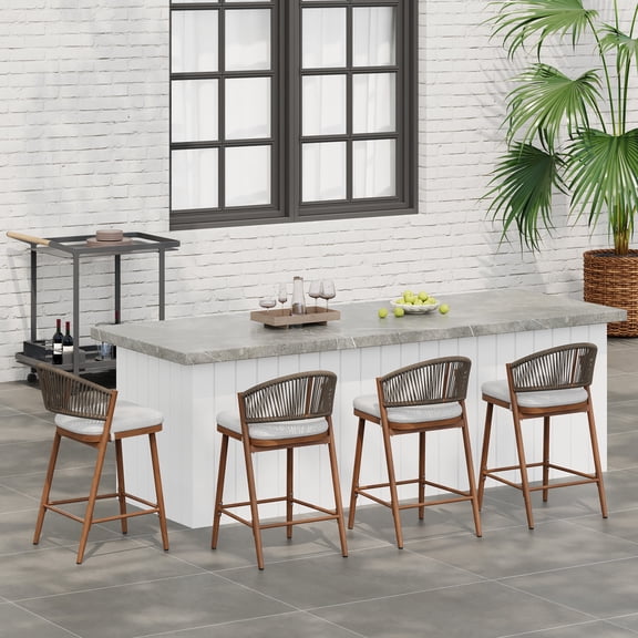 Amara Modern Outdoor Patio 26"H Counter Stools with Wicker Backrest, Aluminum Frame, Water-Resistant Cushion, Teak Finish, Set of 4