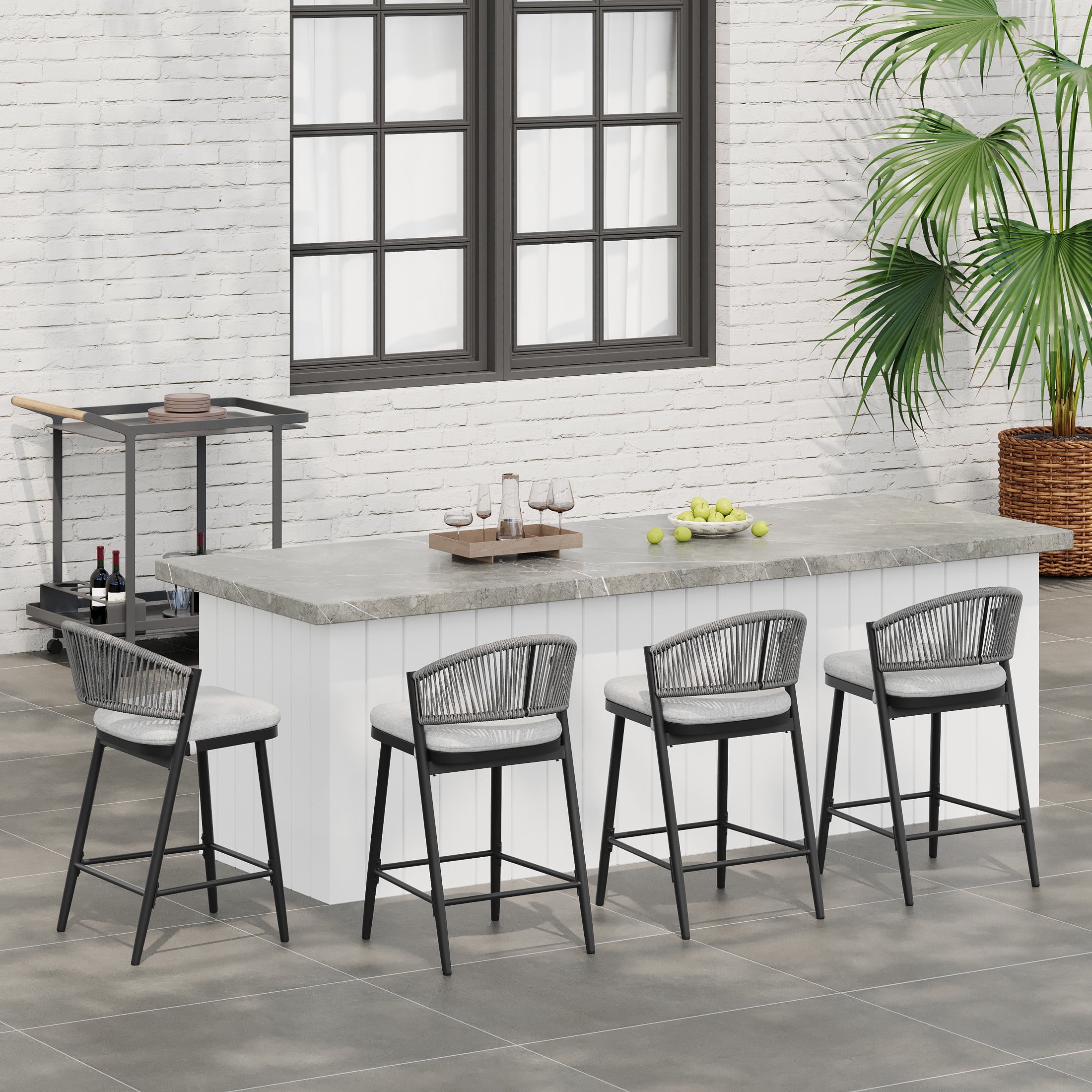 Amara Modern Outdoor Patio 26"H Counter Stools with Wicker Backrest, Iron Frame, Water-Resistant Cushion, Matte Black, Set of 4