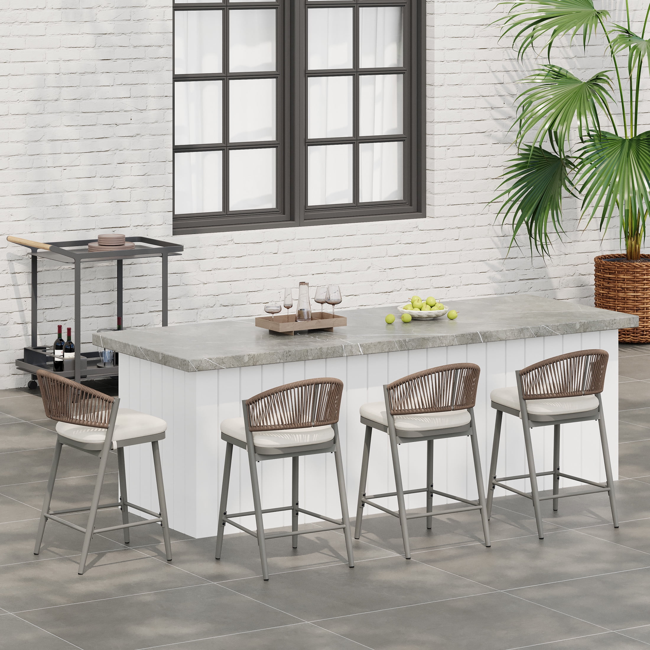 Amara Modern Outdoor Patio 26"H Counter Stools with Wicker Backrest, Iron Frame, Water-Resistant Cushion, Matte Grey, Set of 4