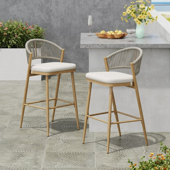 Amara Modern Outdoor Patio Barstools, Aluminum Frame, Scallop-Shaped Backrest, Maple, Set of 2