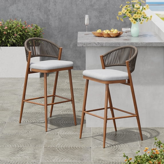 Amara Modern Outdoor Patio Barstools, Aluminum Frame, Scallop-Shaped Backrest, Teak, Set of 2