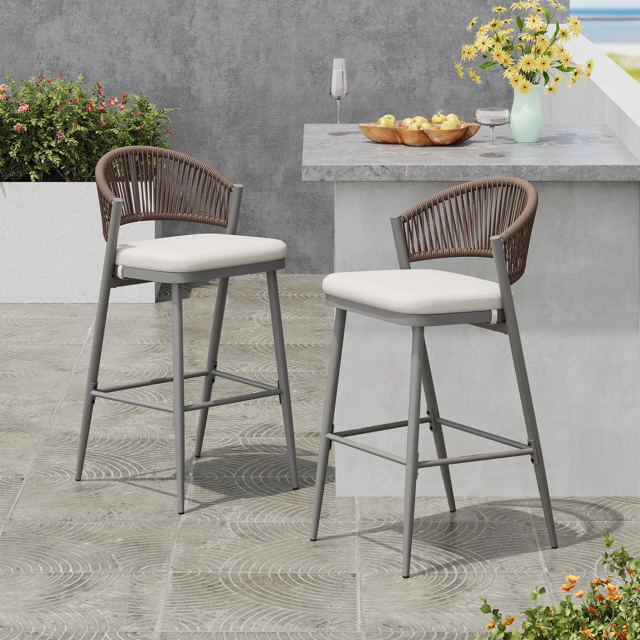 Amara Modern Outdoor Patio Barstools, Iron Frame, Scallop-Shaped Backrest, Matte Grey, Set of 2
