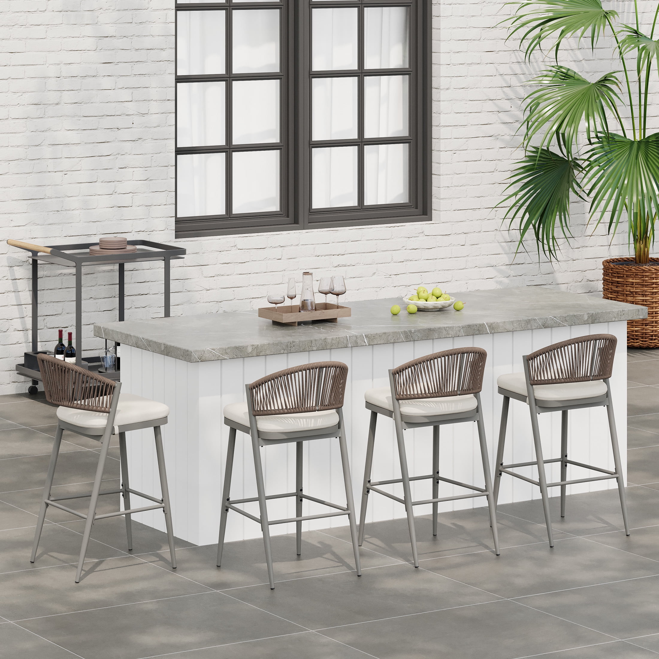 Amara Modern Outdoor Patio Barstools, Iron Frame, Scallop-Shaped Backrest, Matte Grey, Set of 4
