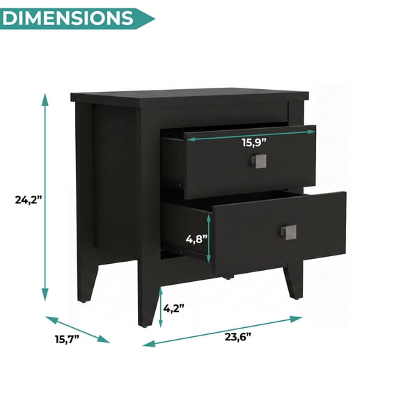 TUHOME Amara Tall Nightstand, 24" Bedside Table with 2 Drawers, Tapered Legs, Engineered Wood, Black/White