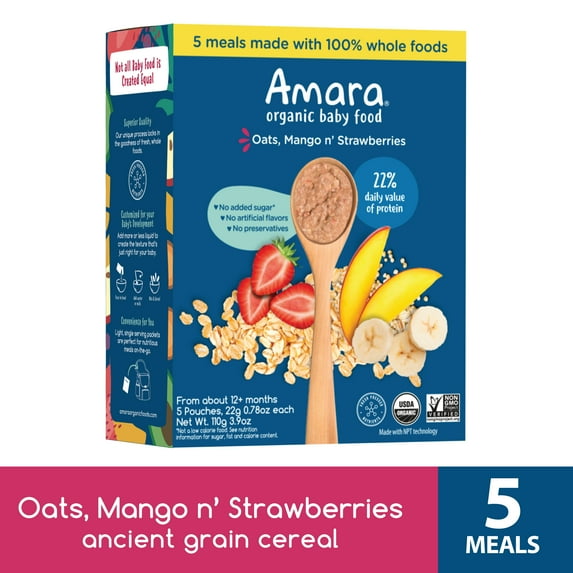 Amara Organic Baby Food Oats Mango N Strawberry, No Added Sugar, Stage 2, 5 Individual Servings