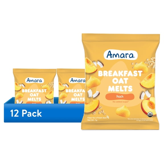 (12 pack) Amara Organic Breakfast Oat Melts Peach Baby Snack, No Added Sugar, Stage 2, 7g