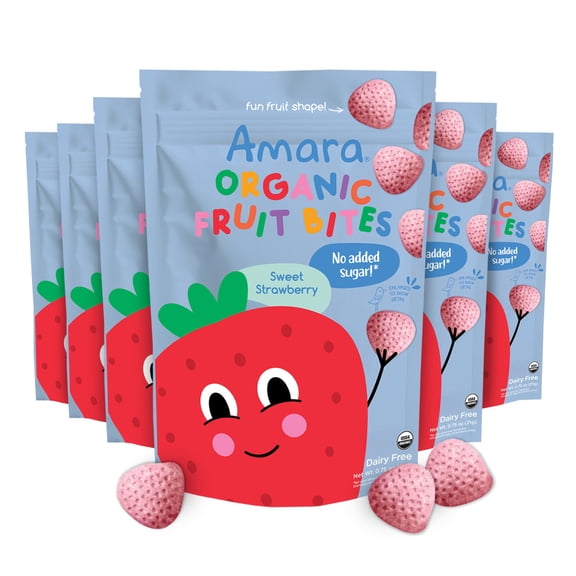 Amara Organic Fruit Bites Sweet Strawberry - No Added Sugar, Dairy-Free, Nut-Free Organic Fruit Snacks, Made with Organic Whole Foods, Allergy-Friendly Healthy Fruit Snacks for Kids - 21g 6PK