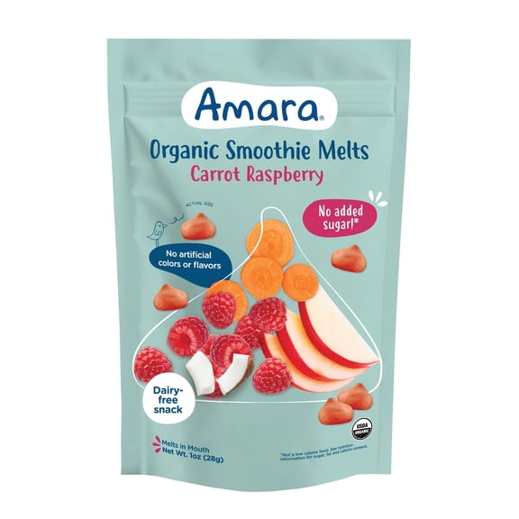 Amara Organic Smoothie Melts, Carrot Raspberry, Baby & Toddler Snack, No Added Sugar, Stage 2, 1 oz Bag