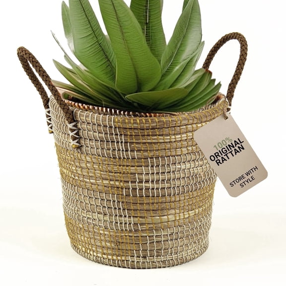 Wicker Village Round Handwoven Basket with Handles, 11.5" Natural Grass Decor Basket