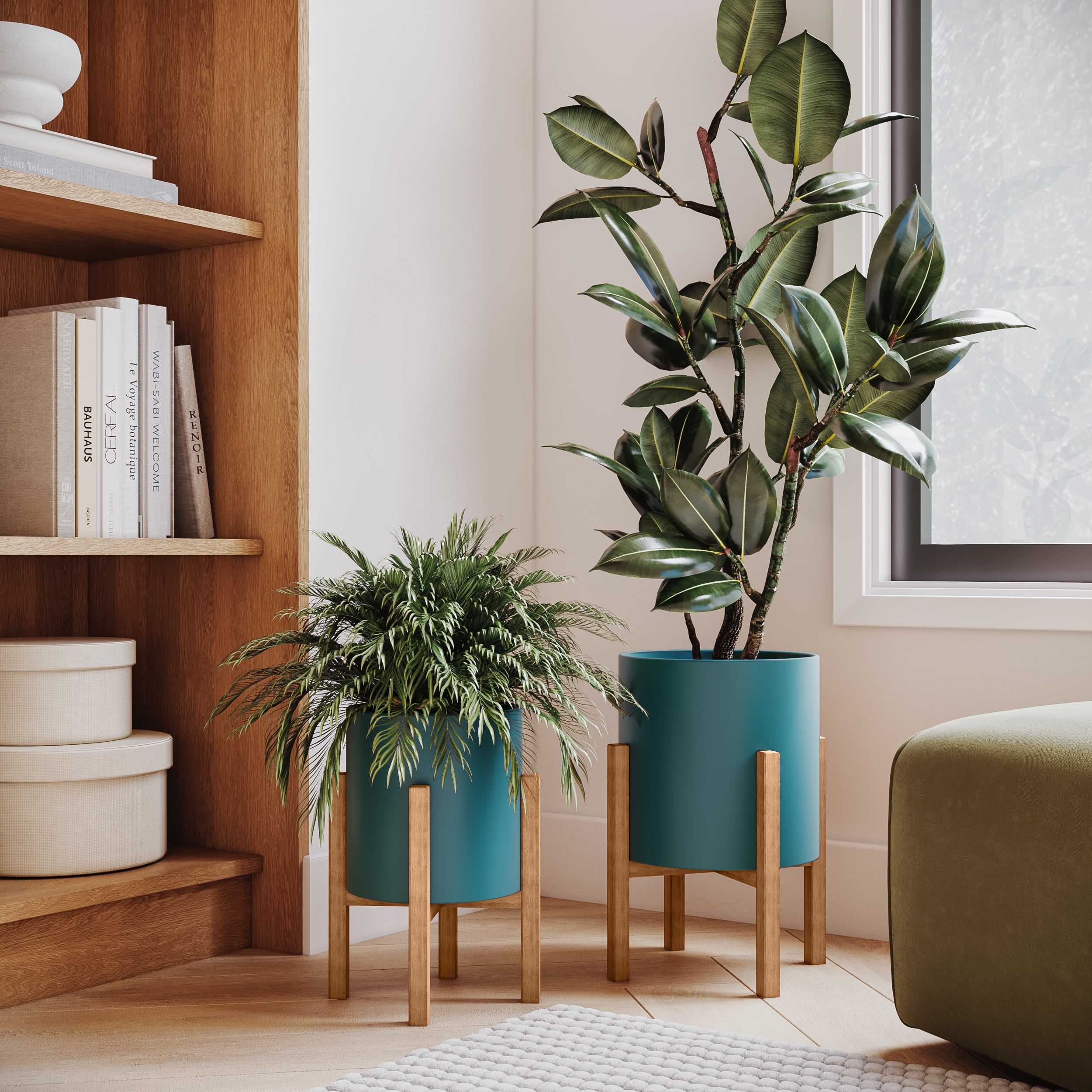 Blue-Green Ceramic Planter Set with Wooden Stands