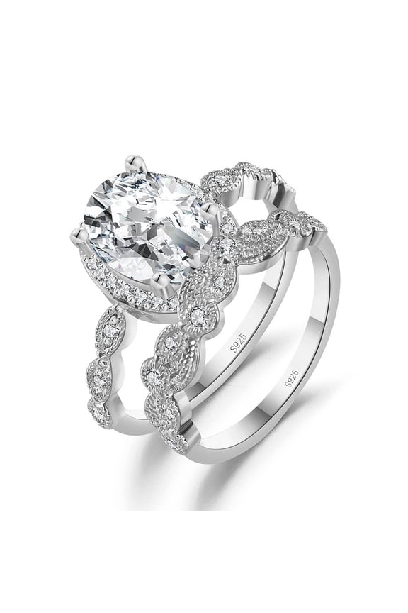 Amara Wedding Ring Set Sterling Silver Cz Engagement Ring Matching Band Ginger Lyne Collection