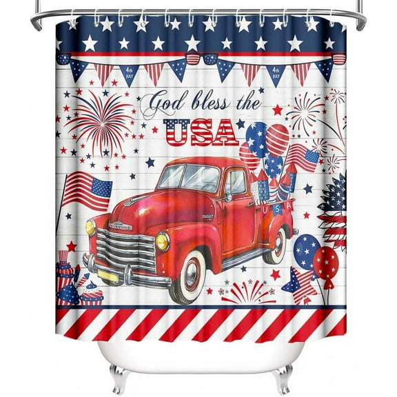 Amarainy 4th of July Independence Day Truck God Bless The USA Shower Curtain for Bathroom American Blue and Red Flag Stars Home Bathtub Decor Fabric Waterproof Shower Curtain 72x72 inch