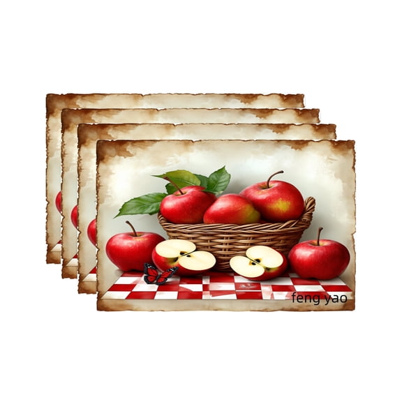 Amarainy Apple Basket Design Linen Table Mats Set Of 4 For Home Kitchen Table Decor 12x18 inch
